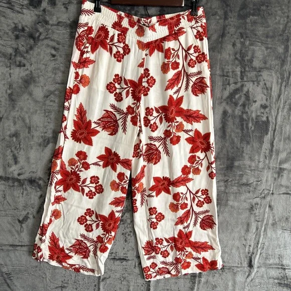 Loft Women's Small Floral Pull On Wide Leg Cropped Pants Pockets Travel Resort - Picture 10 of 16